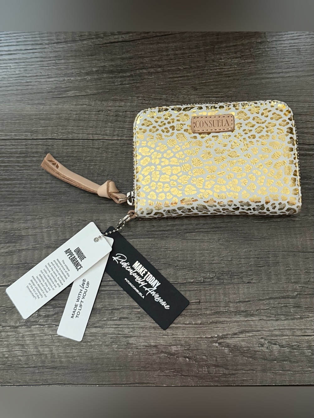 Consuela Gold Leopard-Print Wristlet - Gold/Cream